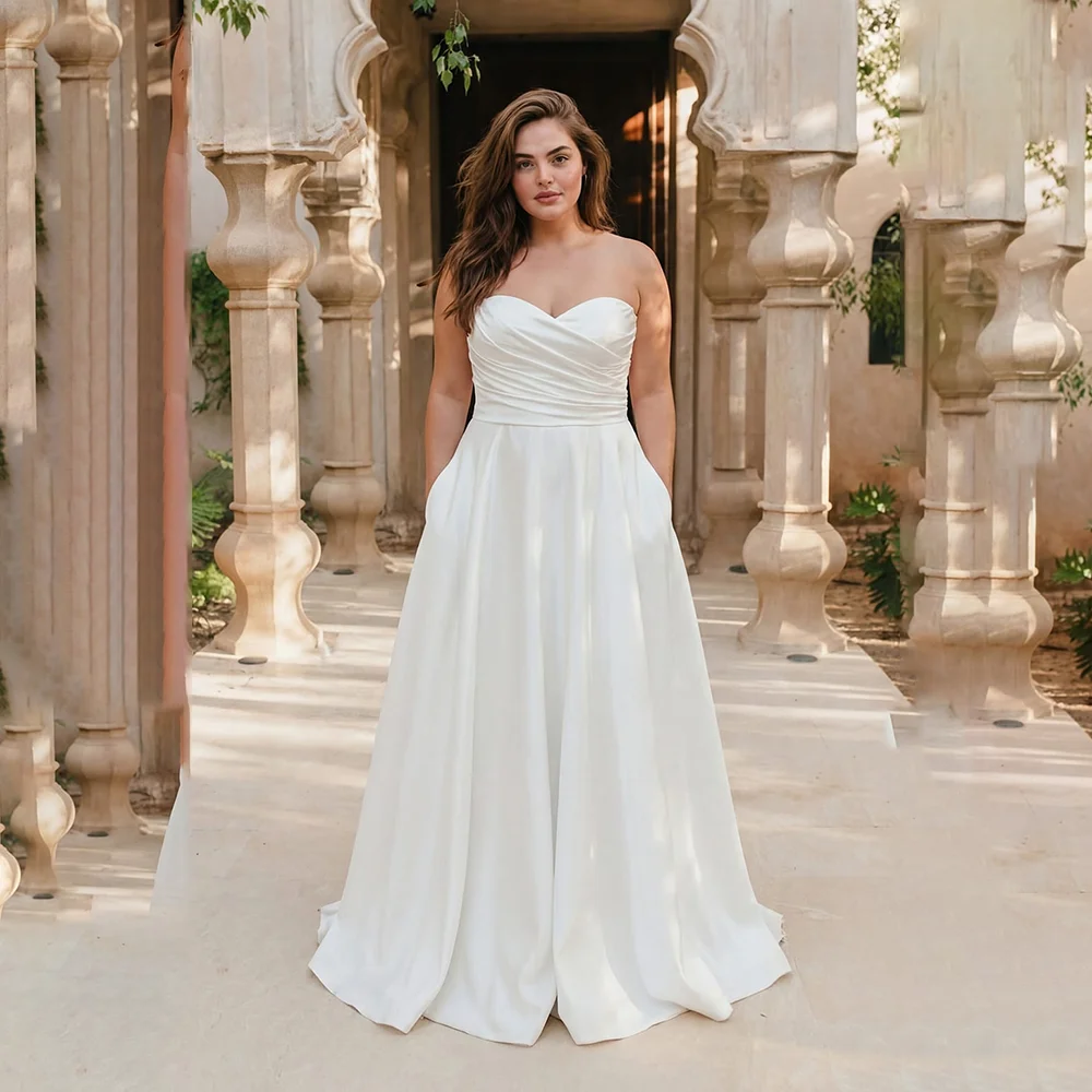 

Plus Size Satin Wedding Dresses Sleeveless Sweetheart A line Button Back vestidos de noivas Customized Elegant Bride Gowns