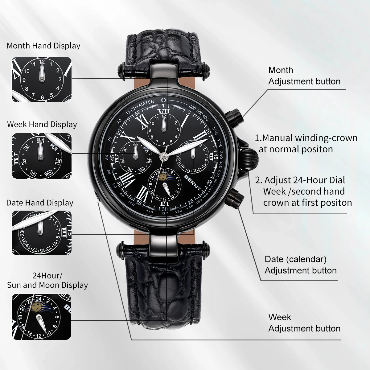 BERNY Classic Watch for Men Automatic Luxury Mechanical Dress Wristwatch Stainless Steel Leather Strap Waterproof Black Watches