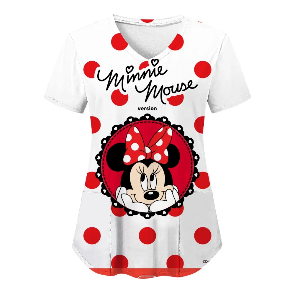 Woman Clothes Nurse Uniform T Shirt Hospital Tops Disney T-shirts Minnie Mouse T-shirt V Neck Top Women 2025 Mickey Pocket Tees