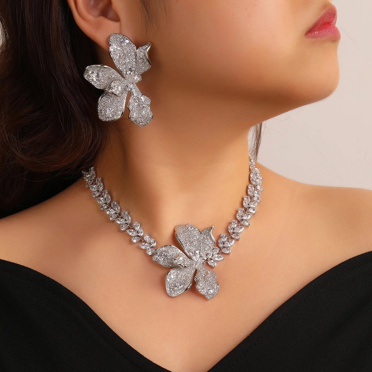 Luxury Clear Cubic Zirconia Flower Necklace Earrings Set Woman Wedding Bridal Jewelry Set Bridesmaid Gift CN11618