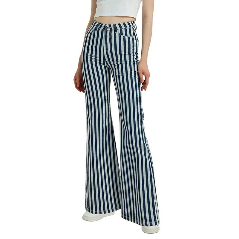 

Women's Casual Fashion Vertical Stripe Flare Pants Elastic High Waist Loose Trumpet Wide Leg Women's Pants
