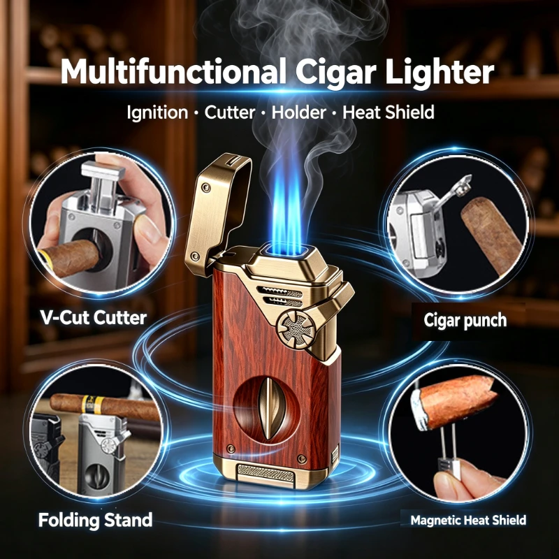 4 Jet Blue Flame Cigar Lighter with Built-in V Cutter Cigar Punch, Refillable Windproof Torch Lighter Multifunctional Cigar Tool