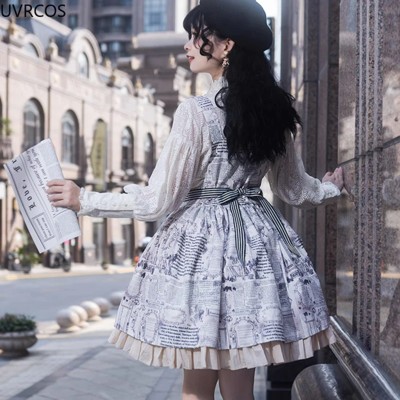 Victorian Gothic Lolita Jsk Dress Women Harajuku Y2k Stripe Bow Print Strap Dresses Punk Style Removable Apron Tea Party Dresses