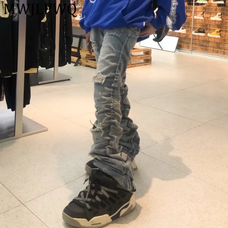 

MWJLPWQ High Street Distressed Hole Denim Pants Paint Splashes Wax Vintage Streetwear Hiphop Spring Autumn Slim Trousers 16299