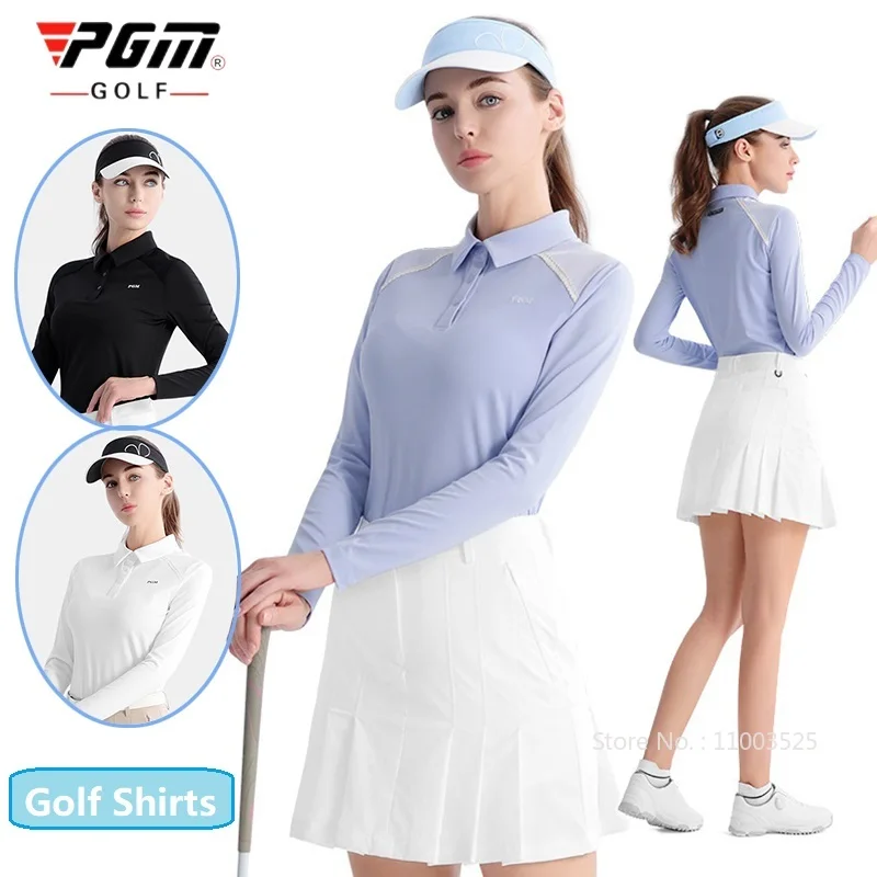 PGM Ladies Spring Long Sleeve Golf Shirt Women Patchwork Polo Collar T-shirt Autumn Soft Elastic Casual Shirt Golf Apparel