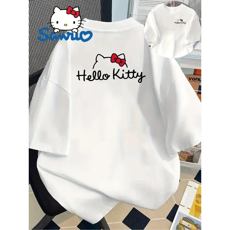 

Официальная женская футболка Sanrio Hello Kitty, милый топ с красным бантом, мягкая футболка с круглым вырезом в стиле Sanrio Fan, футболка для дня рождения