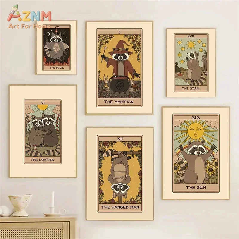AZNM Funny Raccoon Tarot Card Vintage Pattern Frameless Canvas Poster Mysterious Aesthetic Bedroom Wall Art Decor