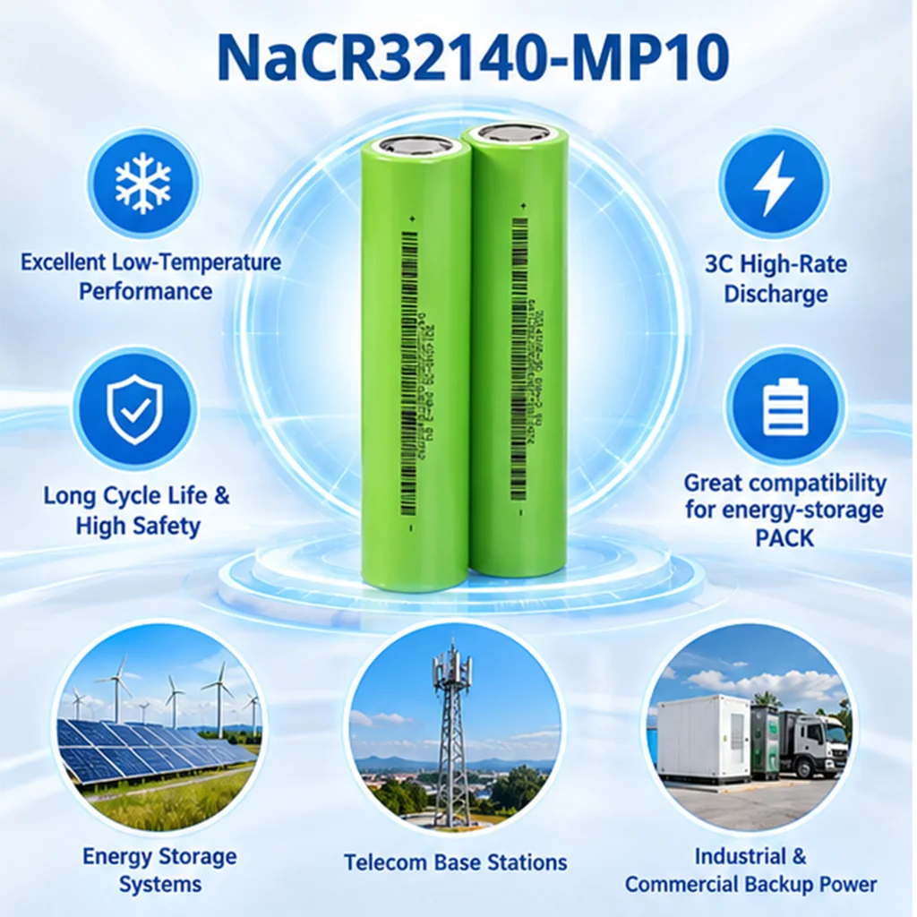 E-power NaCR32140-MP10 3V 10Ah 10000mAh Sodium Ion Battery 5000 Cycles Rechargeable Cell for 12V 24V 48V Car Pack