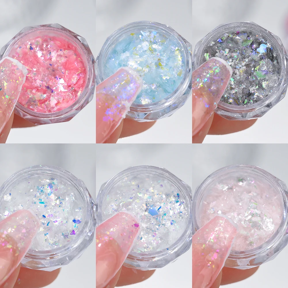 Aurora Iridescent Opal Nail Glitters Mermaid Chrome Powder Reflective Edelweiss Ice Snow Nails Flakes Gel Polish Decor Set Flash