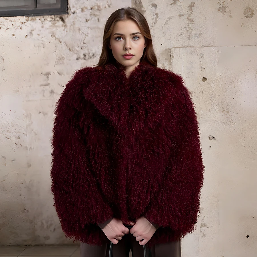 Cappotto di vera pelliccia mongola Cappotto di lana di pecora da donna nero Cappotto corto di pelliccia di agnello con colletto Giacca pelosa Cappotto di pelliccia naturale di lusso