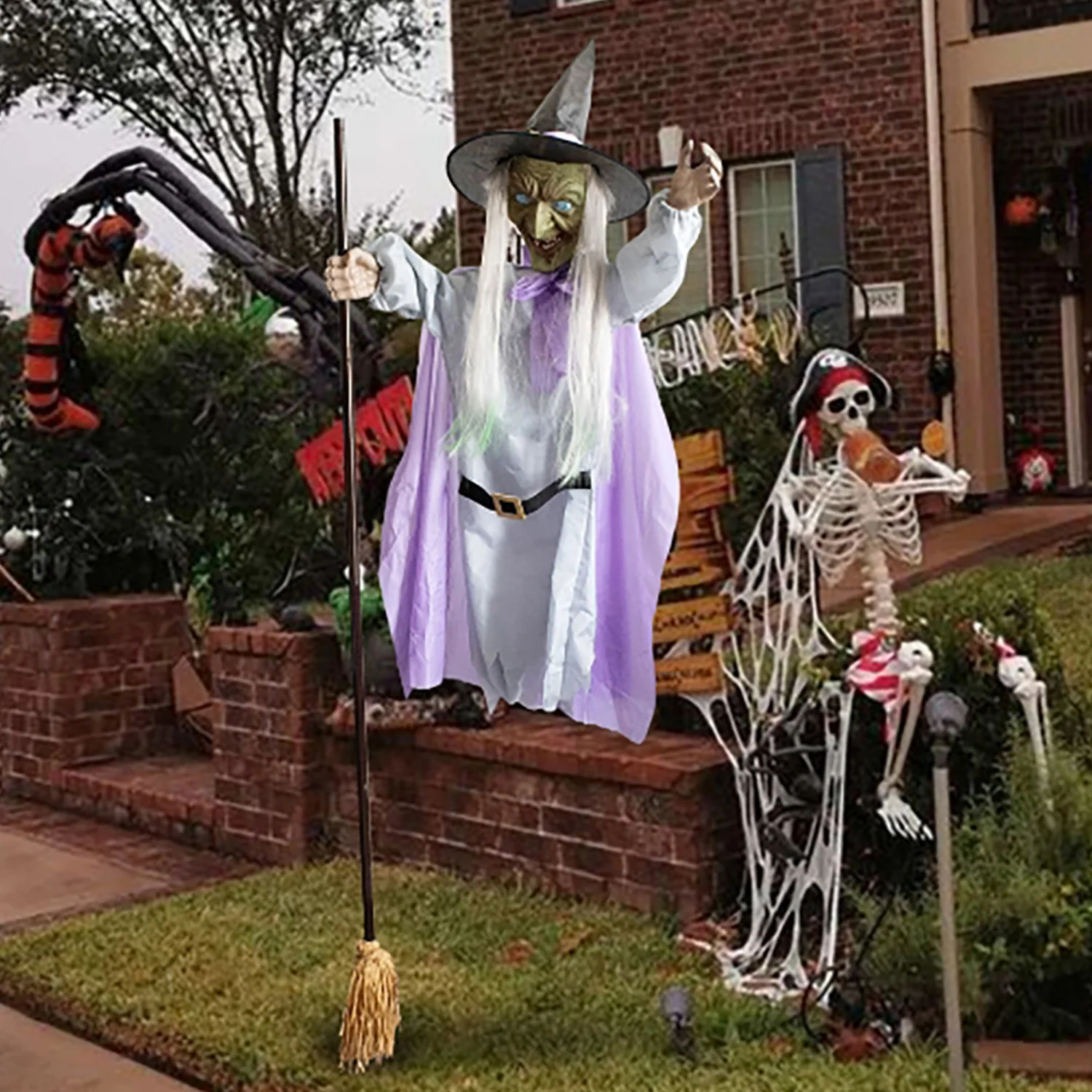 Halloween Hovering Witch Purple Broom Outdoor Decor Flying Prop Scary Decoration