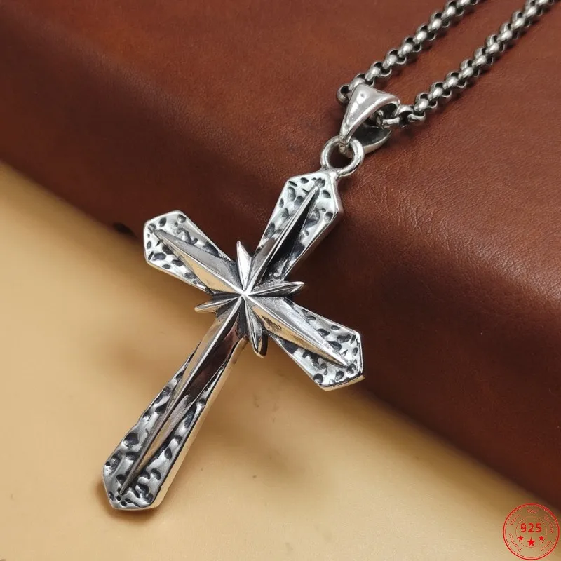 

S925 Sterling Silver Pendants for Men Women New Women's Fashion Meteorite Surface Cross Pure Argentum Amulet Punk Jewelry