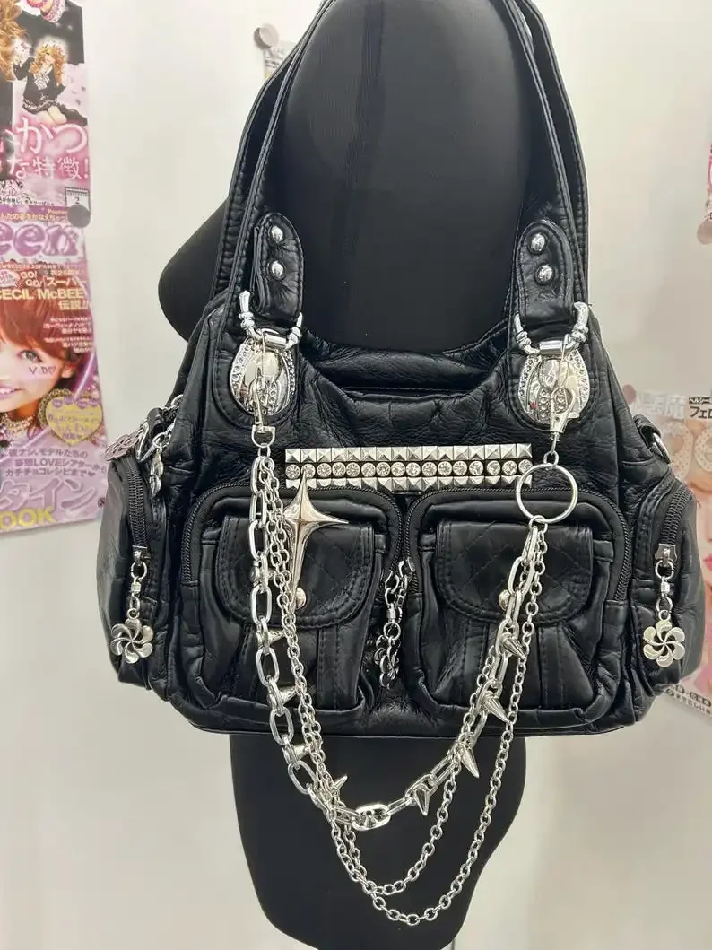 Gothic Punk Multi Pocket Faux Leather Streetwear Tote Bag Black Y2K Hobo Shoulder Bag Silver Spike Chain Rhinestone Stud Handbag
