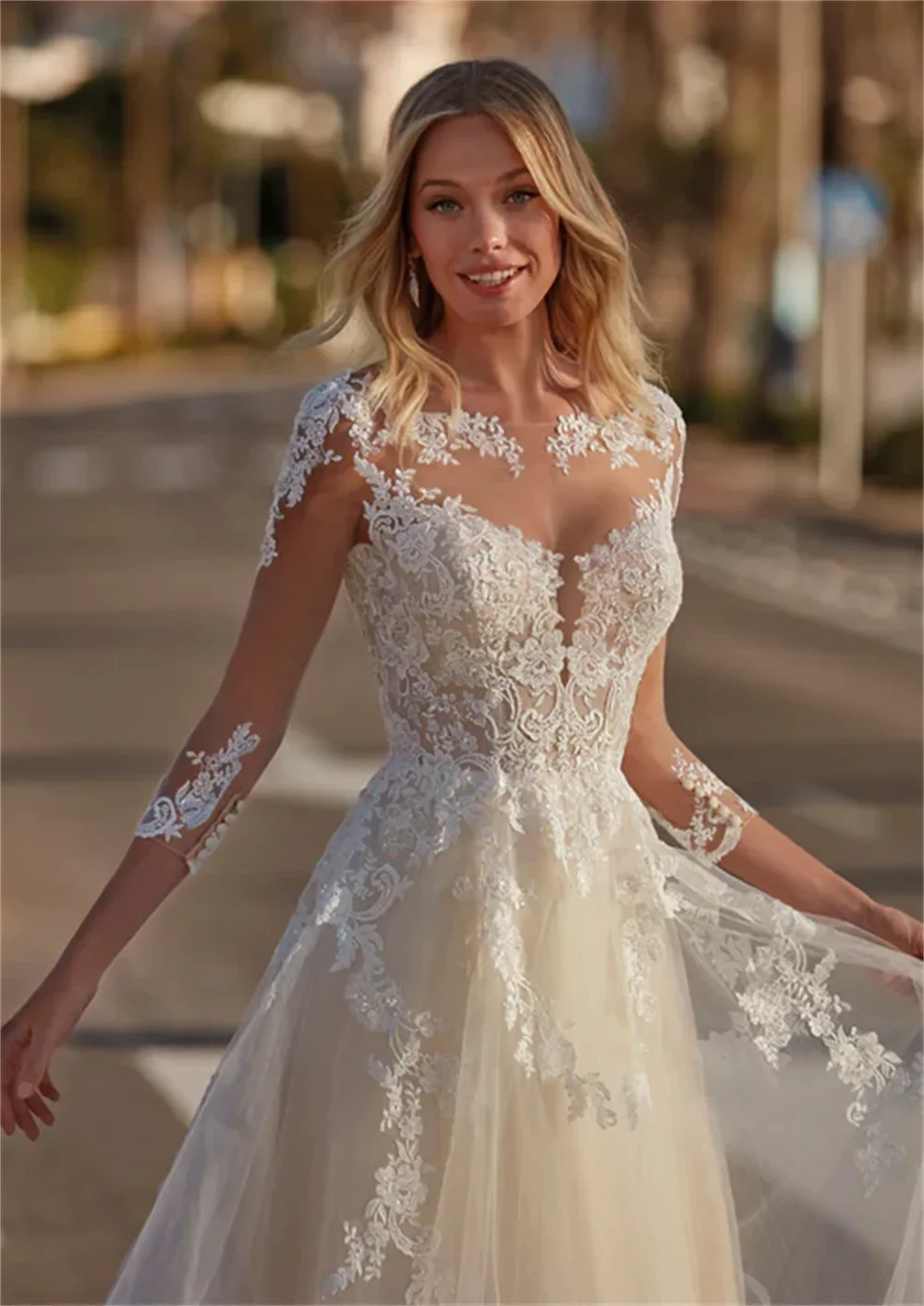 Flavinke Maßgeschneiderte elegante charmante Ärmel Illusion Spitze Applikation Brautkleid in A-Linie Brautkleider 2025, Vestido De Noiva