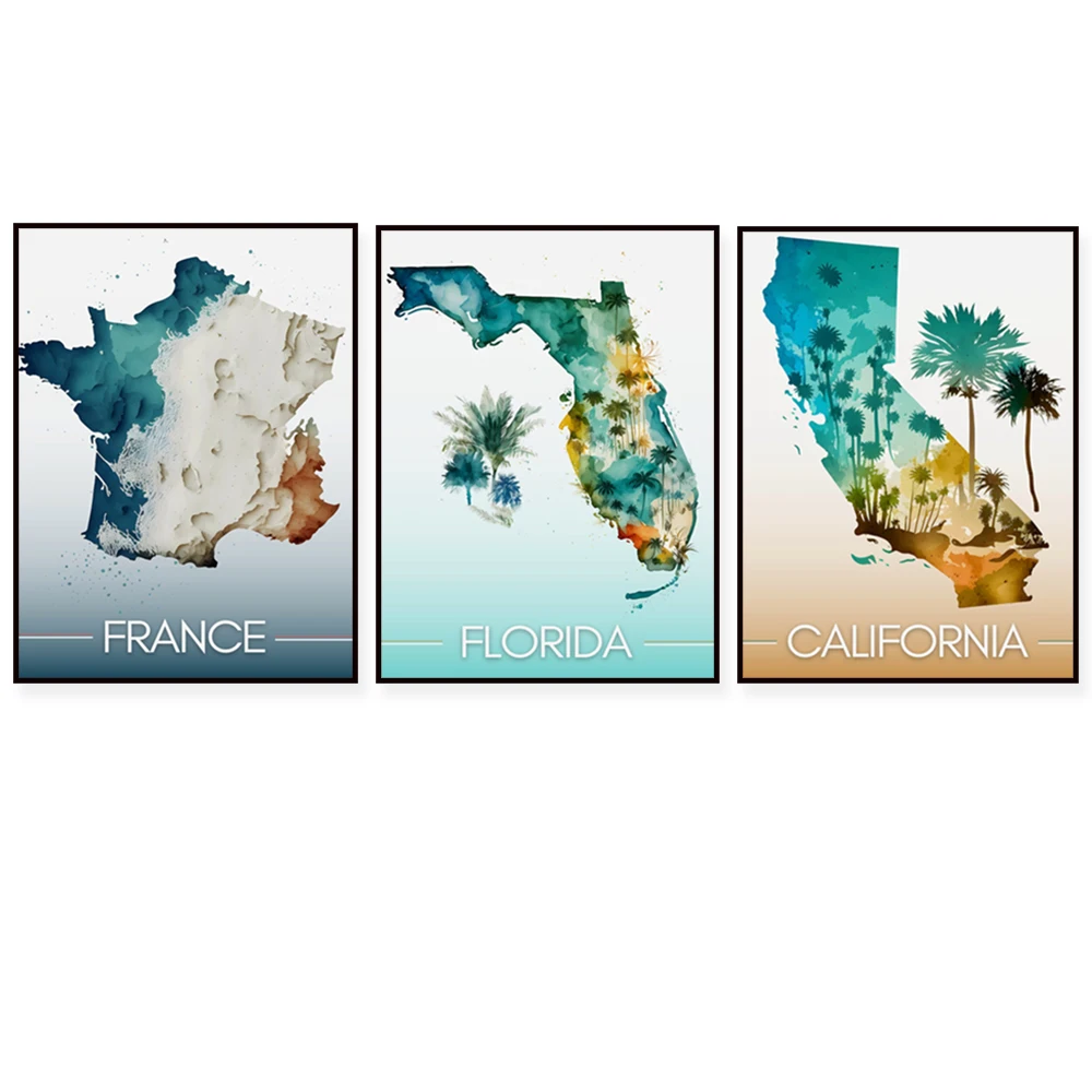 Florida, New Zealand, California, Australia, France Map Poster Travel Poster Canvas Painting Print Wall Picture Living Room Deco