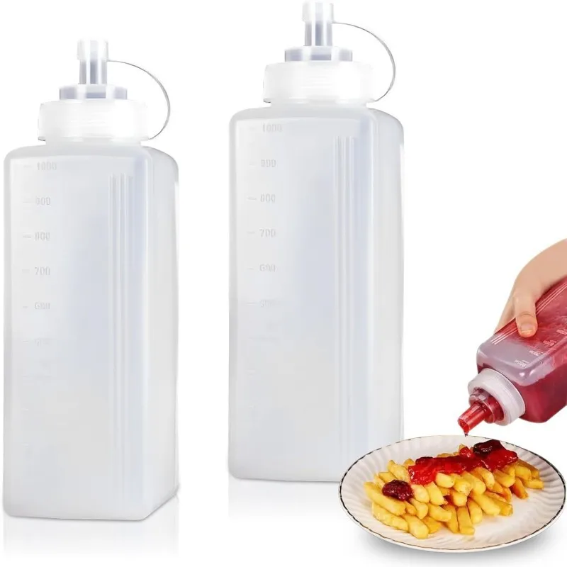 【2 Pack 1000ml Sauce Bottles】Leakproof Squeeze Bottles for Ketchup, Honey, Dressings,Syrup -Kitchen Refillable Sauce Container