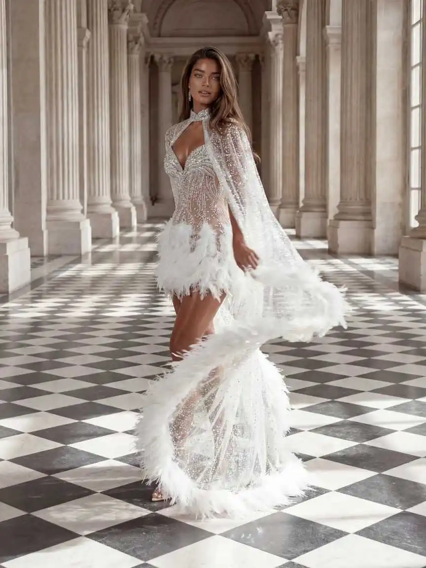 Gorgeous Mermaid Wedding Dress With V-Neck Above-Knee Length Feather Lace Bridal Gowns Plus Size Formal Occasion Customized