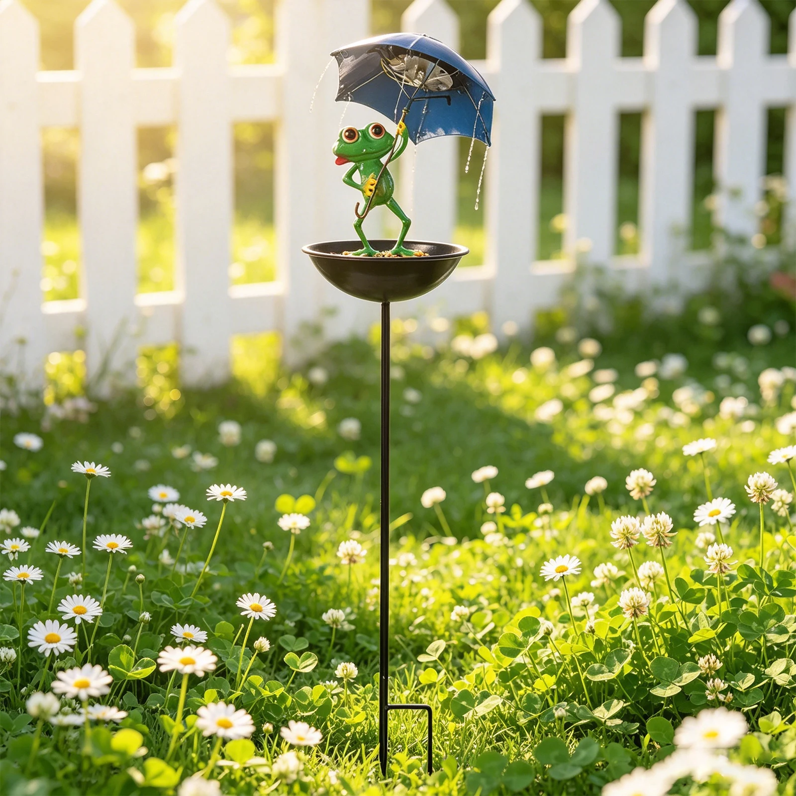 Decorative Bird Feeder with Umbrella Frog Statue Solar Powered Lawn Lamp Frogs Figurine Path Lights for Outside Courtyard Patio
