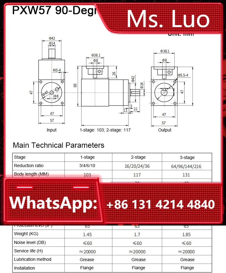 PXW57 90-Degree Planetary Reducer Planetary Gearbox Ratio 3/4/6/10 for Nema 23 Step and Servo Motor