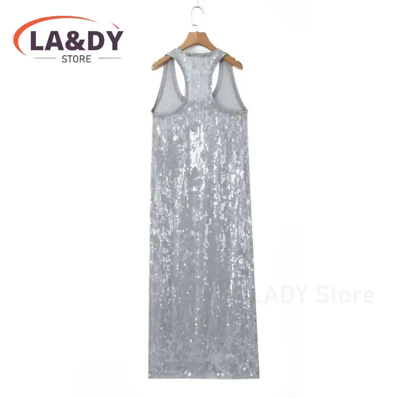 Women Elegant Sequin Vest Party Dress 2024 New Casual Silver Sleeveless Tassel Dresses Female Vestdios