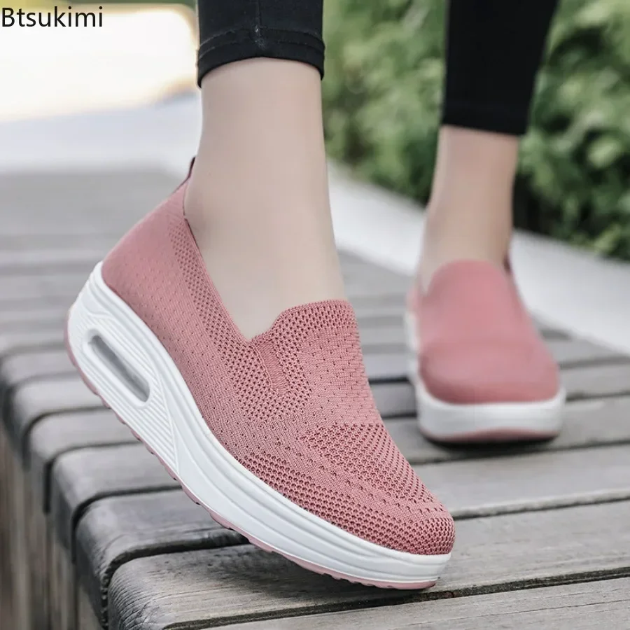 2025 Women's Fashion Vulcanized Sneakers Platform Solid Color Flat Ladies Shoes Casual Breathable Wedges Ladies Walking Sneakers