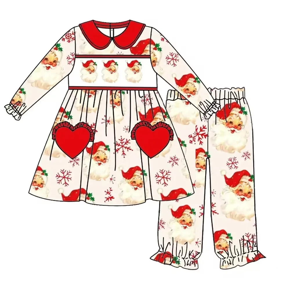 

Girls' Autumn Boutique Suit Christmas Cartoon Print Lapel Long Sleeve Top Pocket Decorative Pants Suit