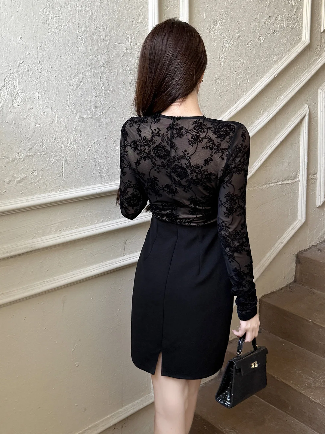 خمر الخامس الرقبة الدانتيل بألواح عقدة التفاصيل الأسود البسيطة Bodycon فستان أنيق سليم صالح طويلة الأكمام مكتب فستان المرأة الملابس العصرية