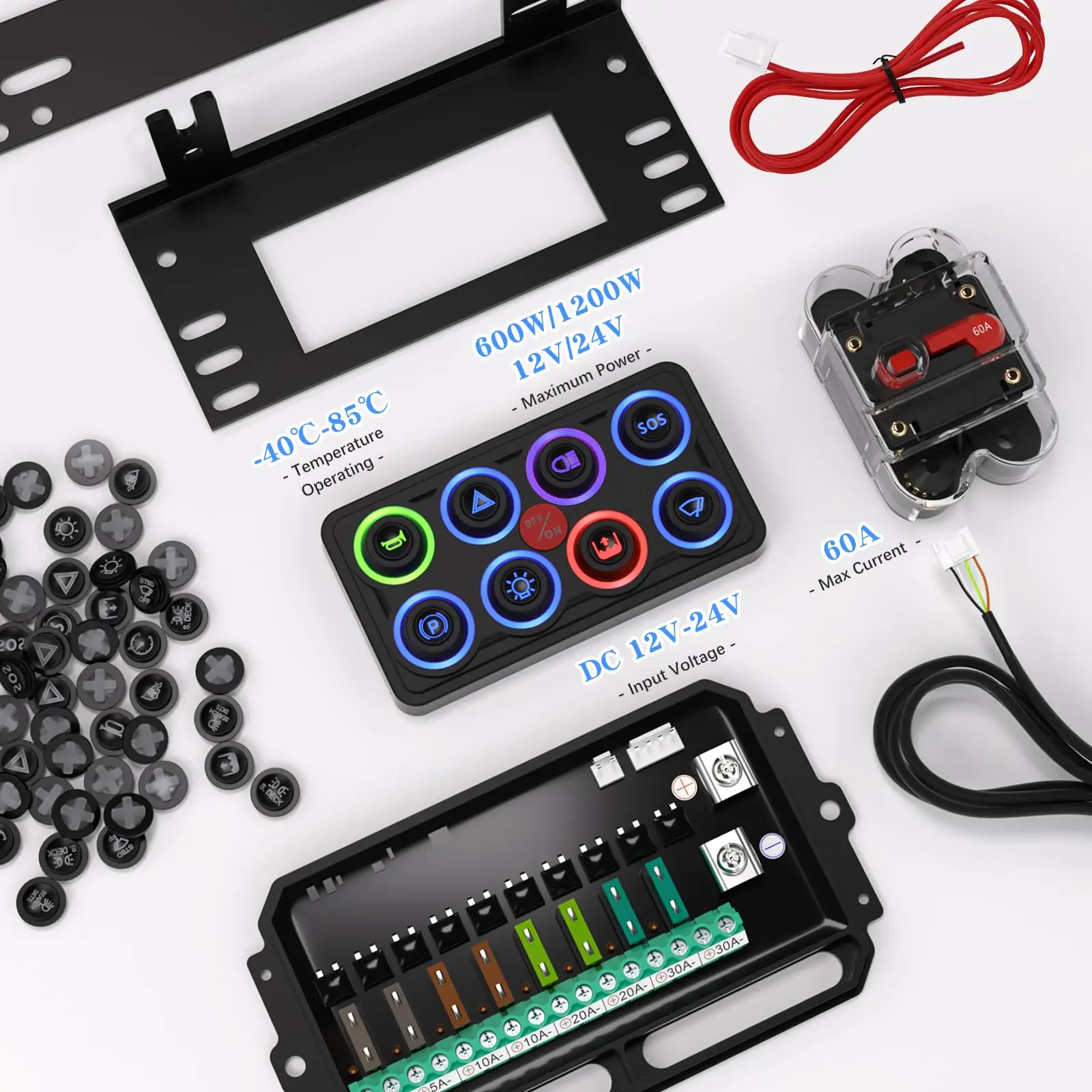 RGB 8 Gang Marine 4 Modes 8 Colors Backlight LED Light Switch Panel Waterproof IP68 60A Circuit Control Box with Diy Key Icons