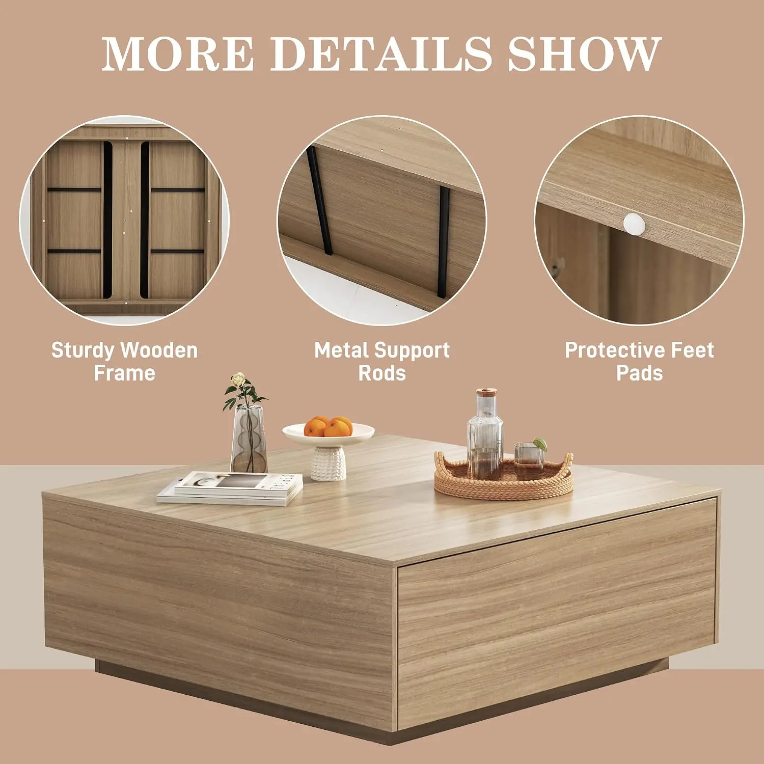 Square Coffee Table with Storage & 2 Drawers, 43