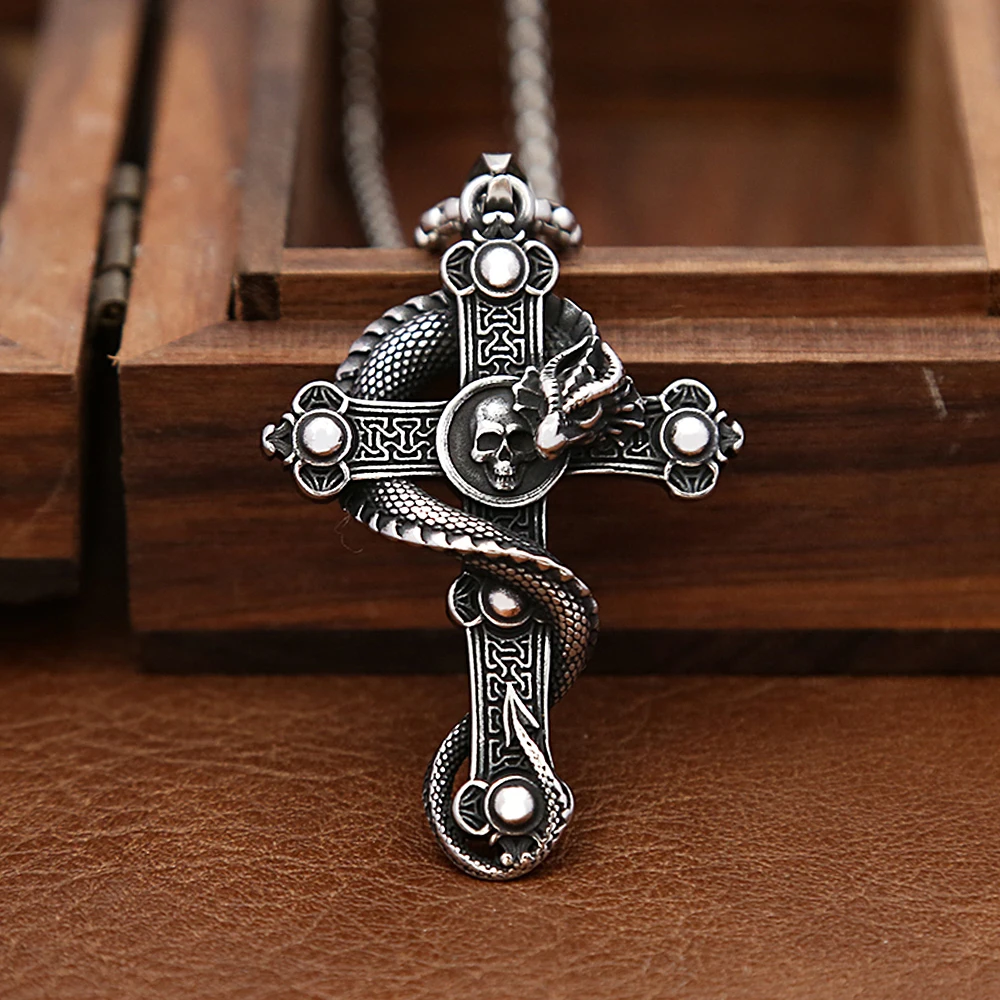 Gothic Vintage Dragon Pendant for Men Boys Punk Stainless Steel Cross Skull Necklace Biker Amulet Fashion Jewelry Gift Wholesale