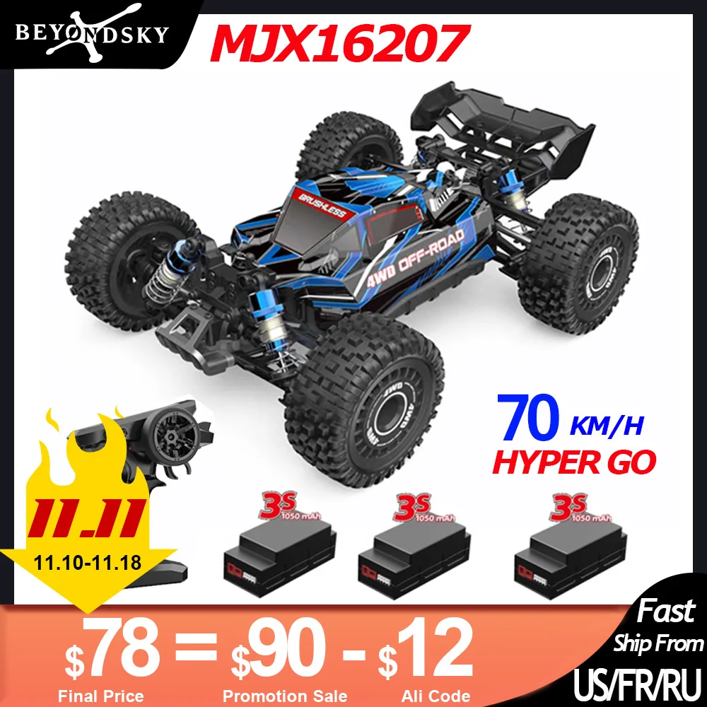 HYPER GO MJX16207 16208 1/16 RC Car Brushless 2.4G 4WD Racing Car Brushless 70KM/h Off-Road Remote Control RC Truck Hobby Toy