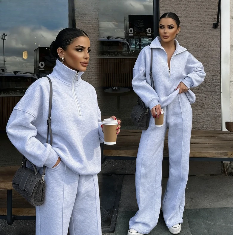 

Женский модный комплект: свитшот с частичной планкой на пуговицах и брюки, повседневный свободный костюм из двух предметов, осенне-зимний спортивный костюм для женщин