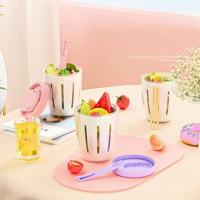 Picture 5: Cylindrical Plastic Salad Container with Fork Multifunctional Portable Fruit Cup Built In Drainage for Lunch Snack Meal Prep