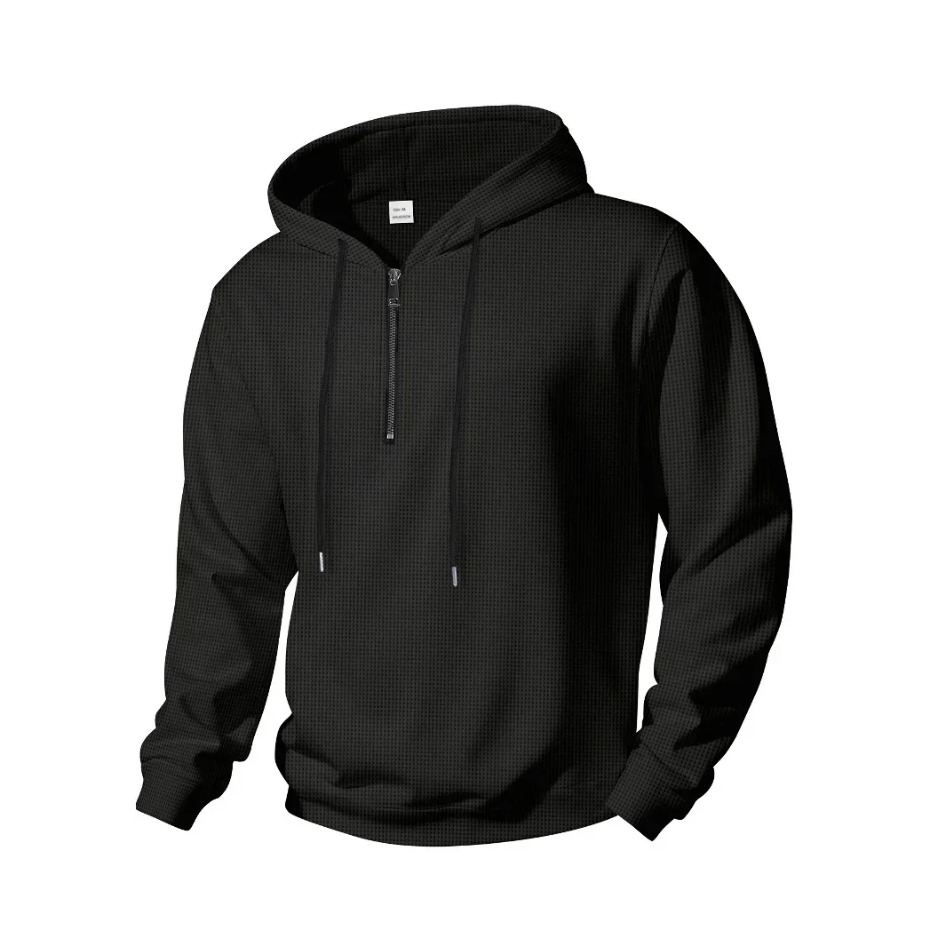 Men's Black Waffle Texture Semi-Zip Hooded Sweatshirt Casual Sport Top Trendy Style 2025 Hot-Selling