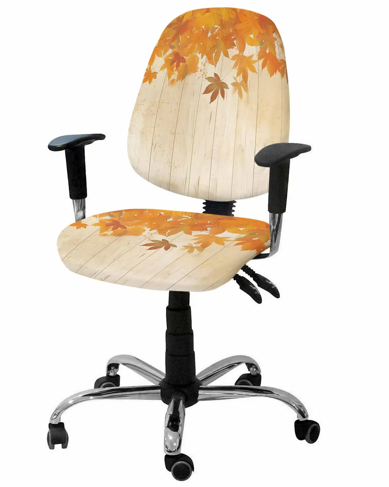 Autumn Maple Leaf Wooden Board Elastic Armchair Computer Chair Cover Stretch Removable Office Chair Slipcover Split Seat Covers