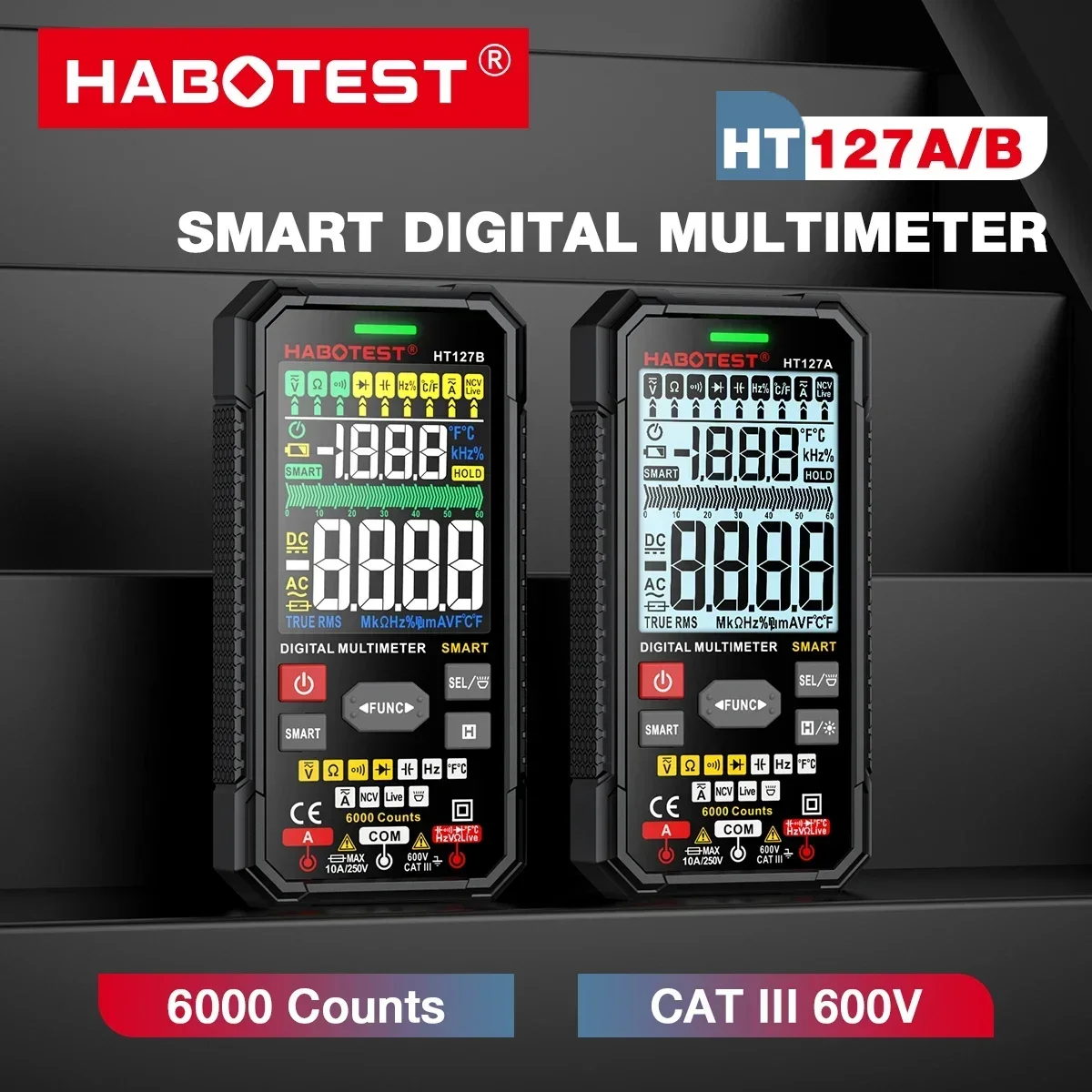 HABOTEST 600V 10A DC AC Voltage Current Tester Capacitance Ohm Diode multimetro NCV Hz Live wire Tester HT127 Digital Multimeter