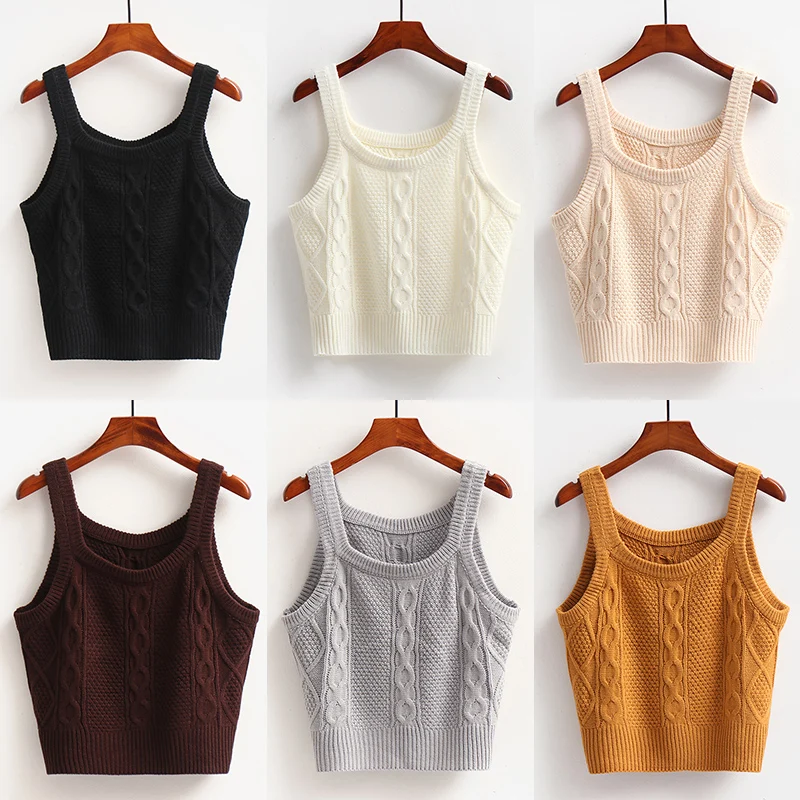 Short Knitted Pullover Crop Top in Pure Color with Twist Design Korean Style Vintage Sleeveless Vest to Wear over Other Clothes