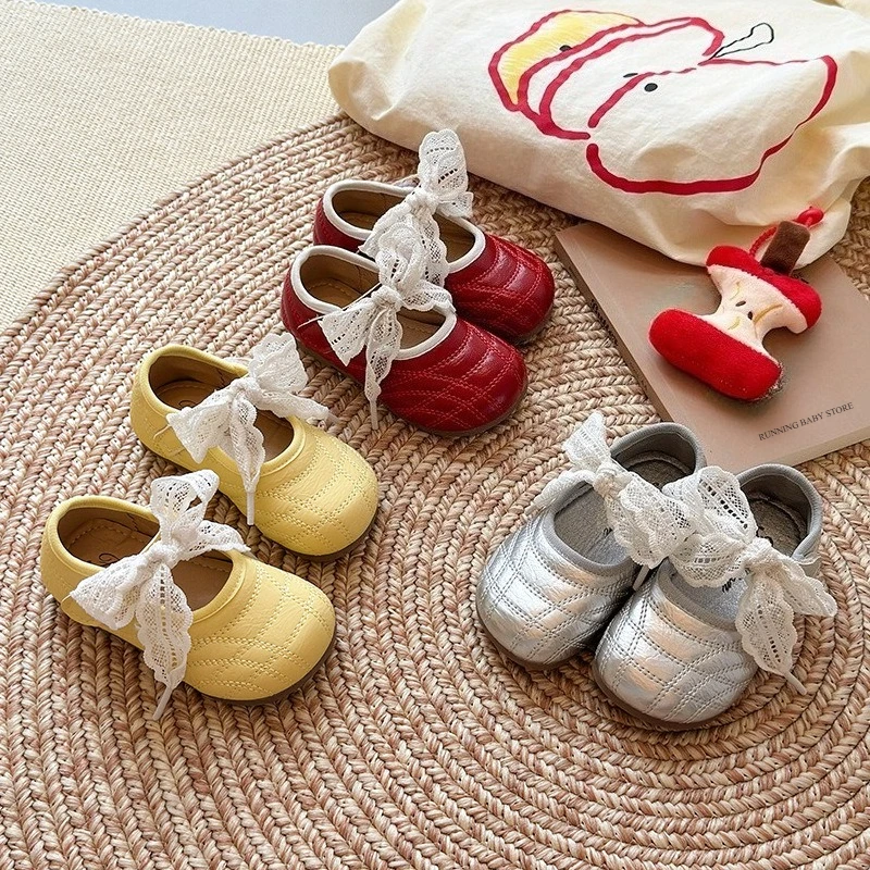 French Style Children's Patent Leather Shoes 2026 Spring Autumn Elegant Large Lace Bowtie Girls Dress Shoe Child Princess