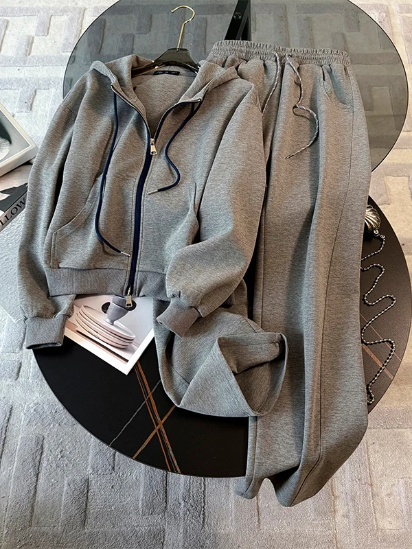 

Grey Casual Sportswear Set Women's Autumn Fashion Slimming Outerwear Top Wide Leg Pants Two Piece Set Elegant Anti Aging