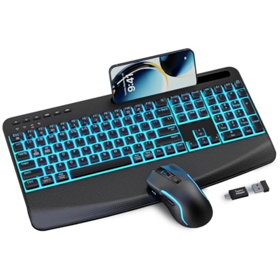 Wireless Keyboard and Mouse Combo KM25Pro: Rechargeable backlit ergonomic keyboard with 4000mAh battery wrist rest phone holder