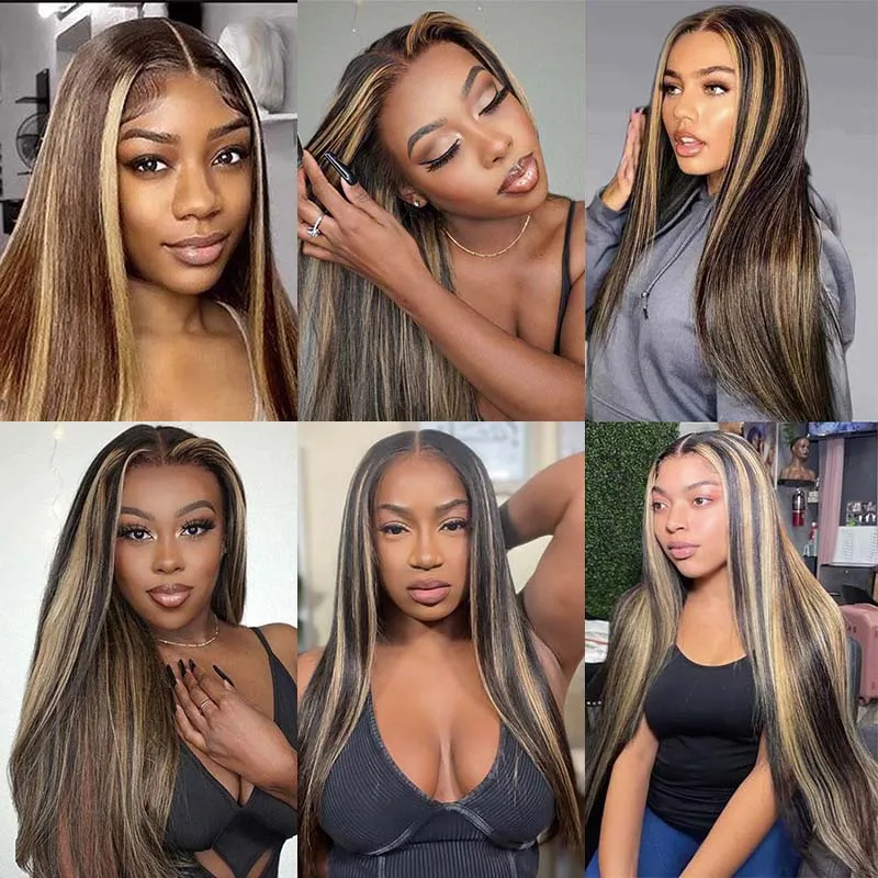 4/27 Wig renda lurus Ombre Highlight berwarna Wig renda HD Honey pirang renda depan Brasil Remy renda Frontal Wig rambut manusia