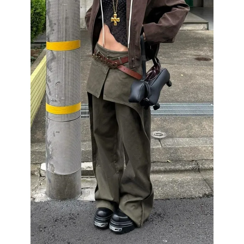 Design Sense Piece Splicing Jeans Children's Spring New Spice Girls Retro Old Washed Army Green Floor Pants
