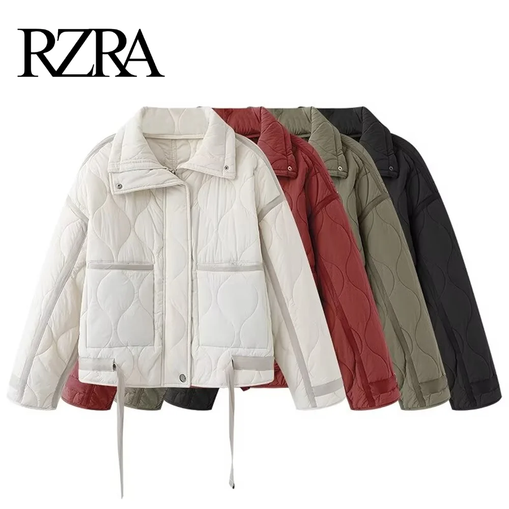 RZRA2024 new winter women\'s solid color stand collar long sleeve pocket decoration quilted cotton jacket coat commuting