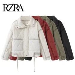 RZRA2024 new winter women's solid color stand collar long sleeve pocket decoration quilted cotton jacket coat commuting