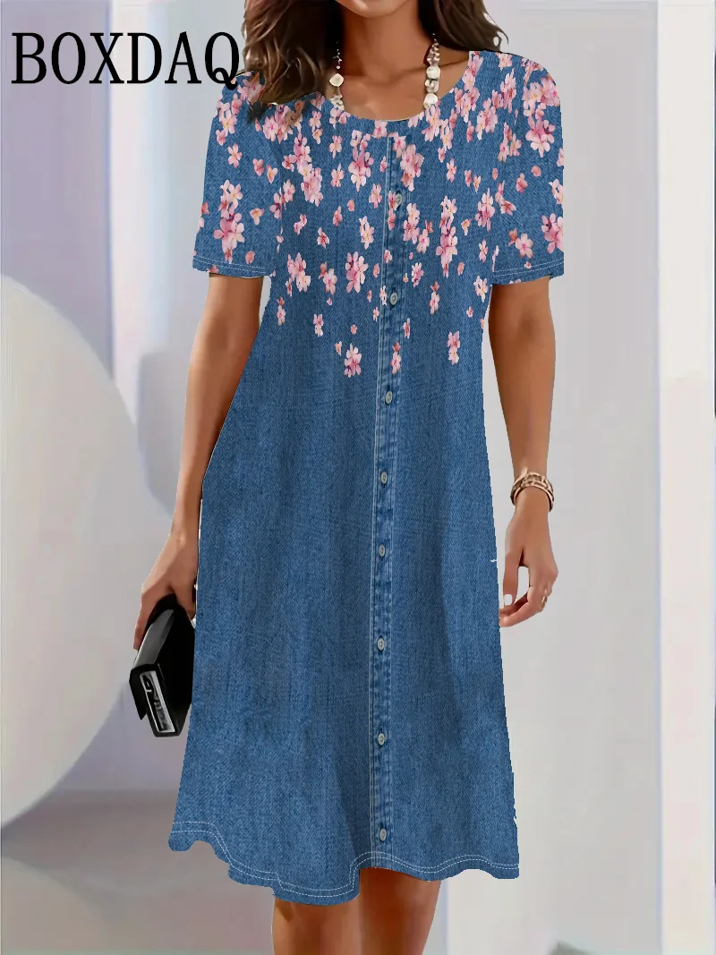 2025 패션 트렌드 3D 이미테이션 데님 패턴 여성 드레스 여름 스트릿 반팔 O넥 루즈 캐주얼 플라워 프린트 드레스
