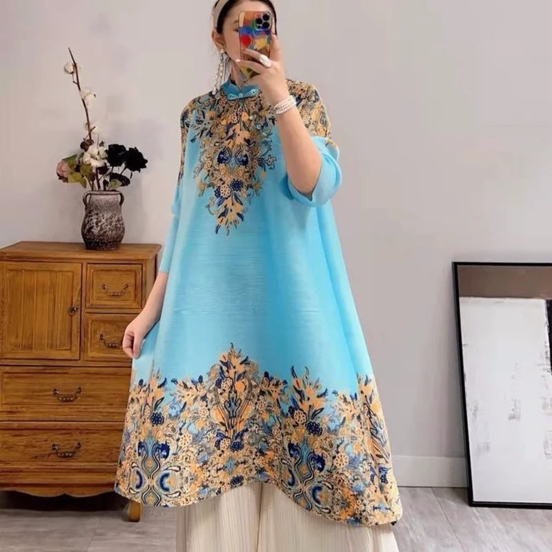 

Ethnic wind printed pleated dress 2023 spring and summer new fashion foreign air large size thin age-sen long sleeve long skirt