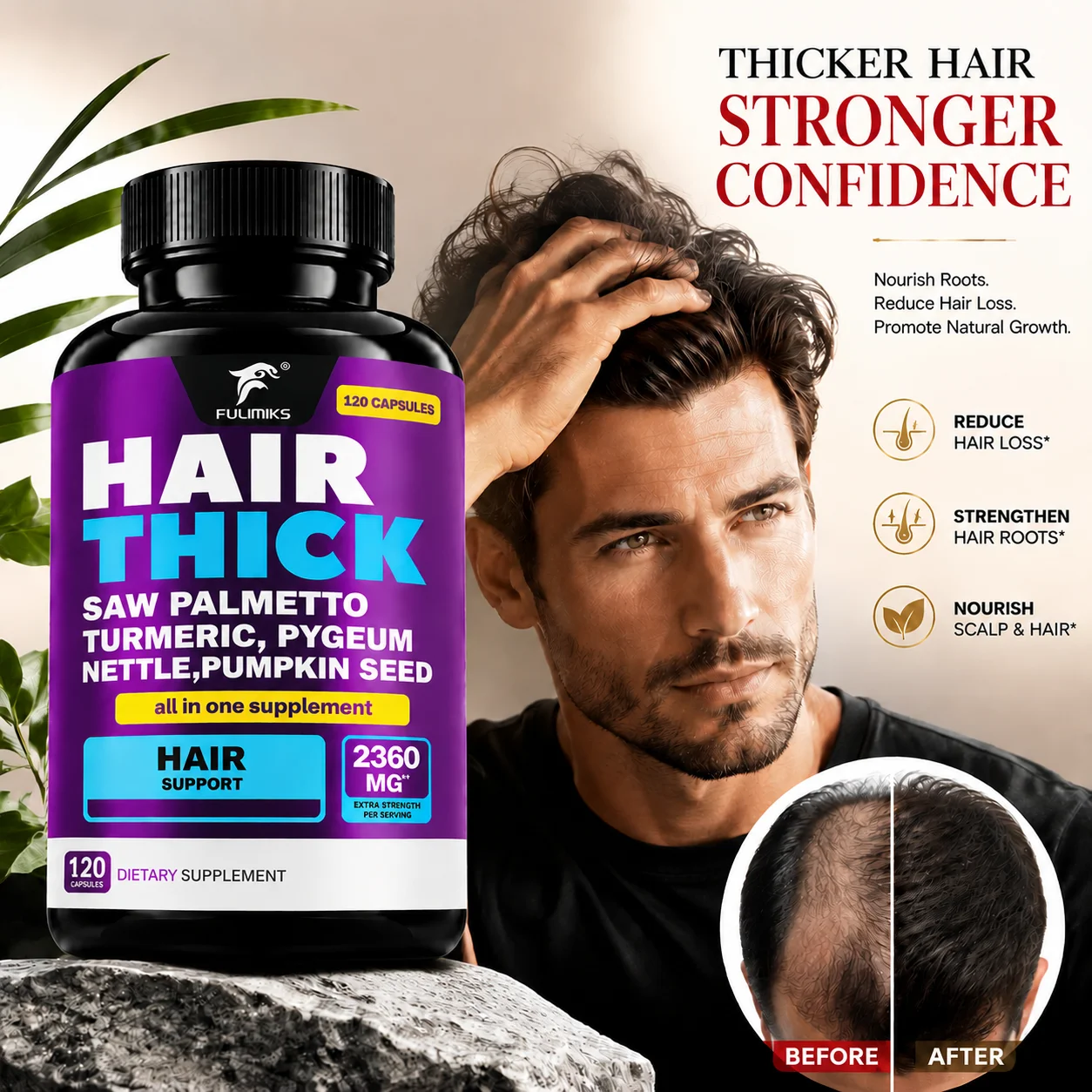 Hair Thick Capsules Saw Palmetto Pygeum Nettle Pumpkin Seed Turmeric, Support DHT Blocker, Thicker Fuller Hair & Prostate Health
