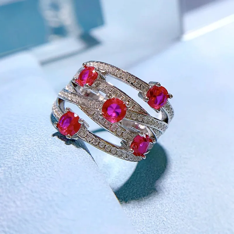 KQDANCE 925 Sterling Silver Line Cross Emerald Cut Create Ruby Diamond Rings With Red Gem Stones Wedding Jewelry for Women 2022