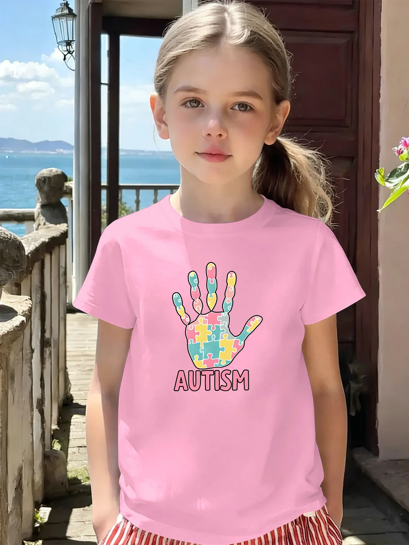 Autism Puzzle Palm Pattern Warm Public Welfare Kids T Shirt Boys Girls Short Sleeve Crew Neck Parent Matching Tops Toddler Youth