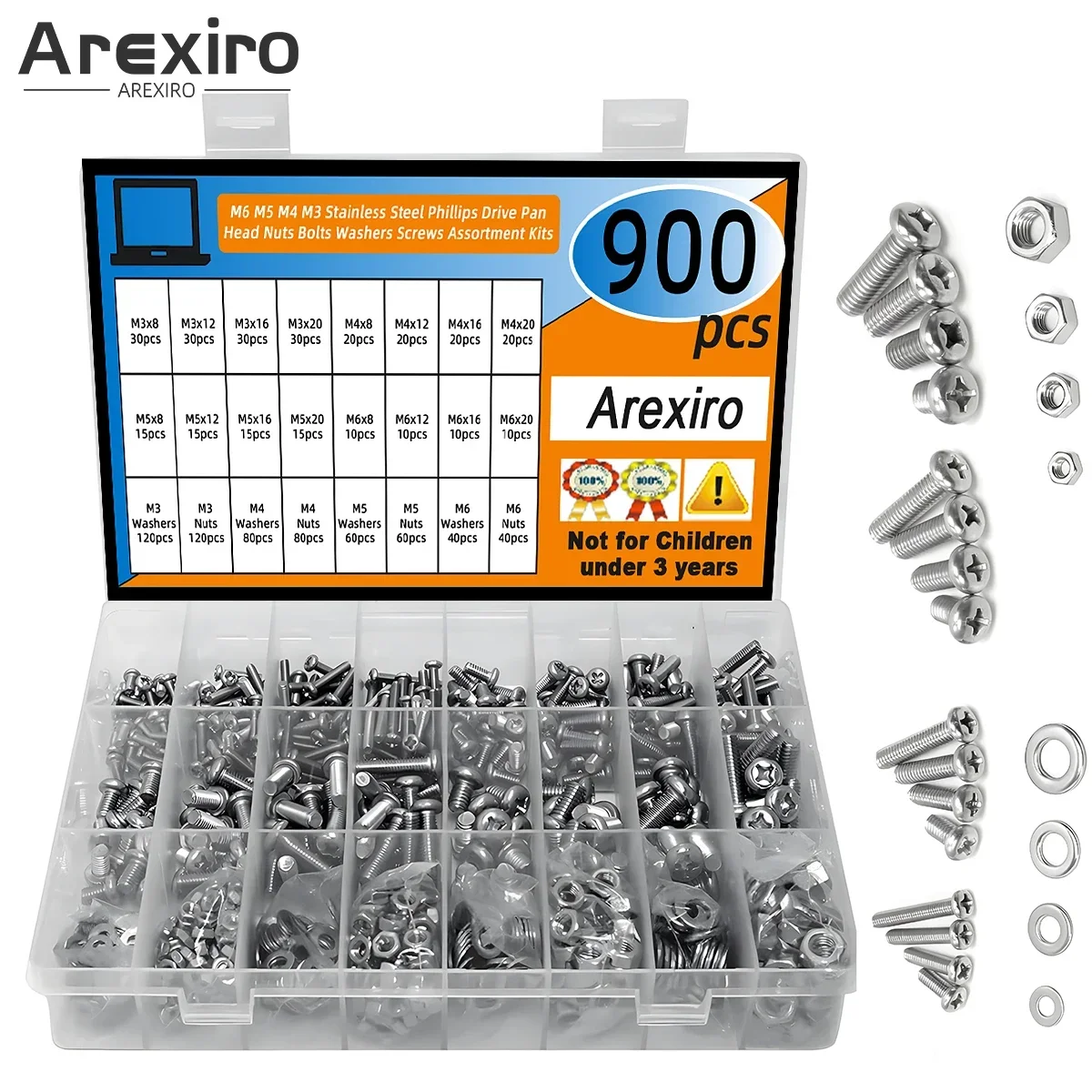 900Pcs Stainless Steel Metric Assorted M6 M5 M4 M3 Machine Screws Set Phillips Drive Pan Head with Flat Washers